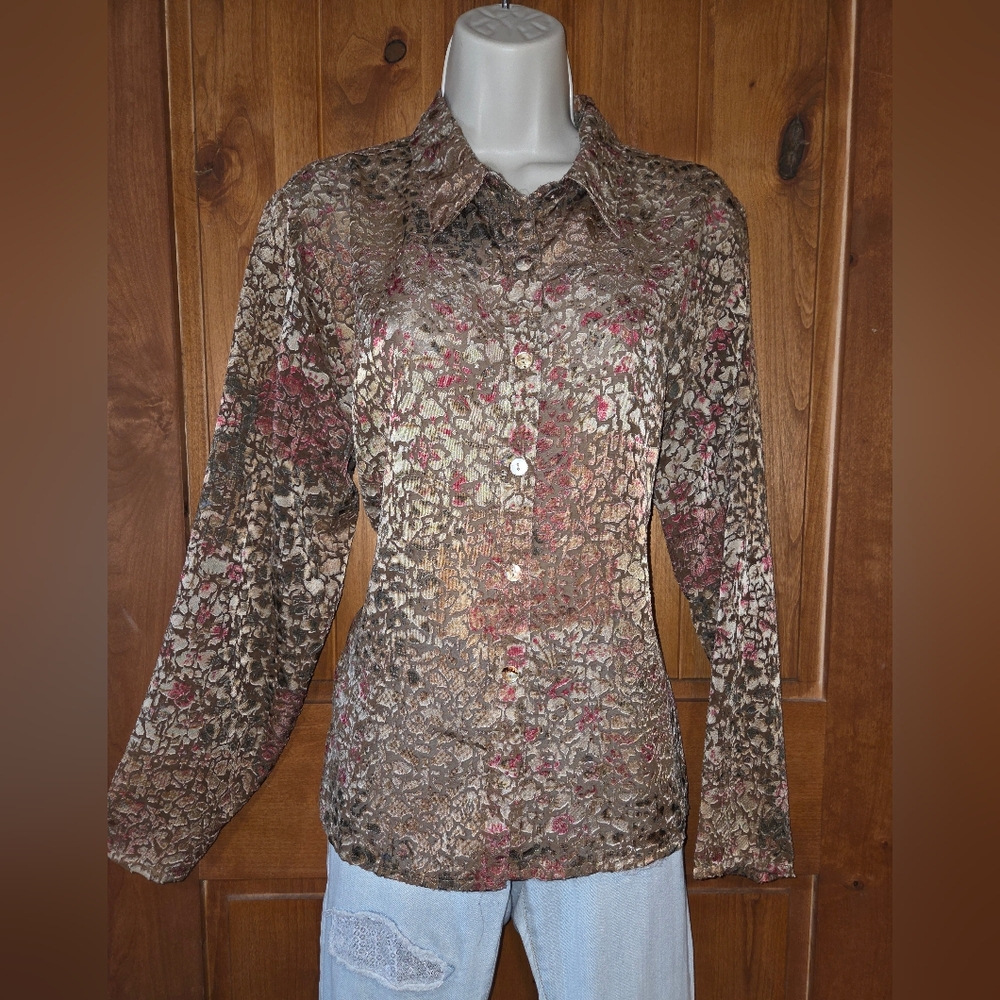 Coldwater Creek Brown and Red Button-Down Shirtâ